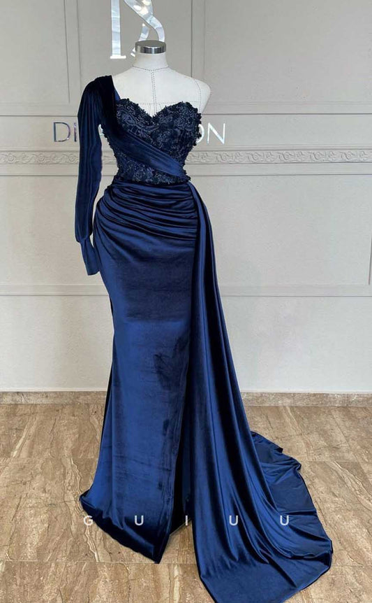 G4137 - Chic & Modern Sheath Sweetheart Floral Embossed and Beaded Evening Party Prom Dress with Pleats and Long Bishop Sleeves