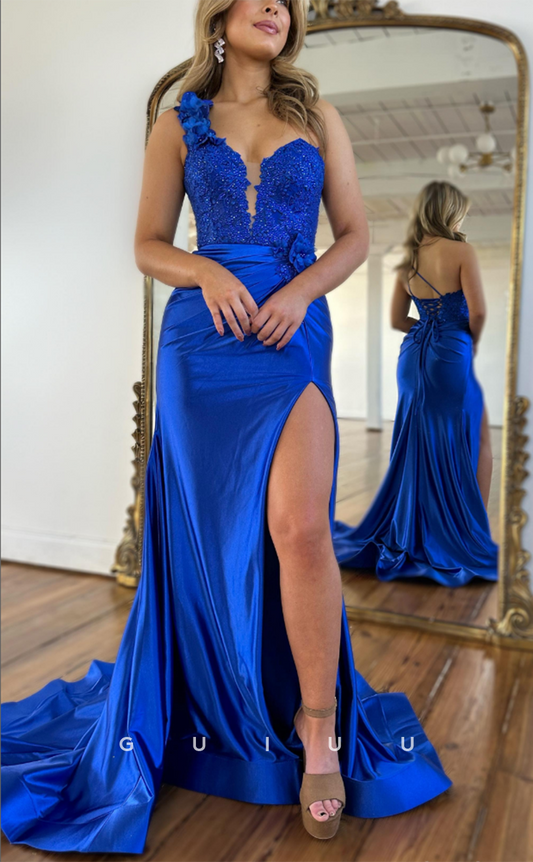 G4153 - Chic & Modern Sheath One Shoulder Beaded and Floral Embossed Evening Gown Prom Dress with High Side Slit and Sweep Train