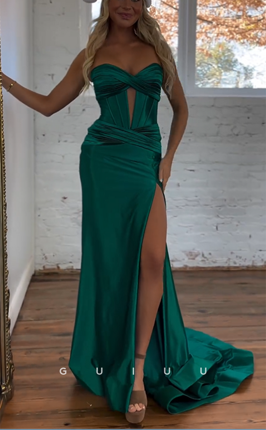 G4154 - Chic & Modern Sheath V-Neck Strapless Cut-Outs Draped Evening Gown Prom Dress with High Side Slit and Sweep Train