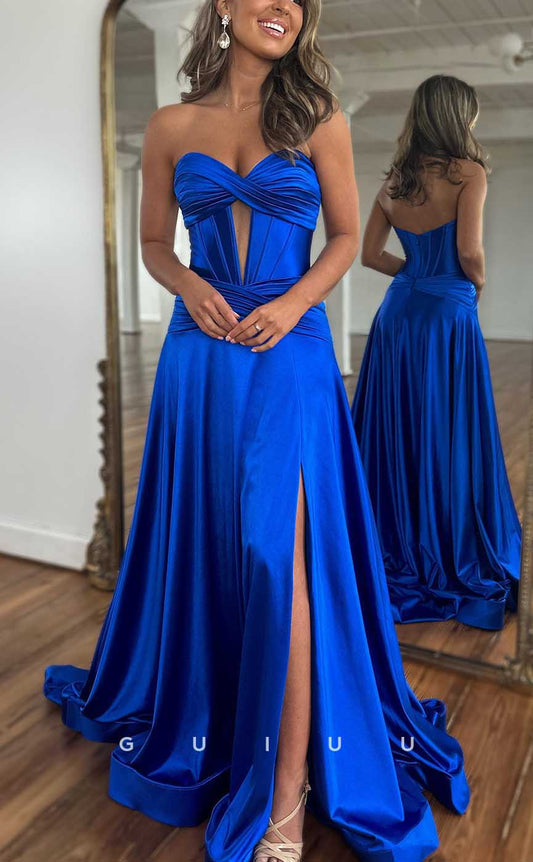 G4159 - Chic & Modern Sheath V-Neck Strapless Cut-Outs Draped Party Gown Prom Dress with High Side Slit