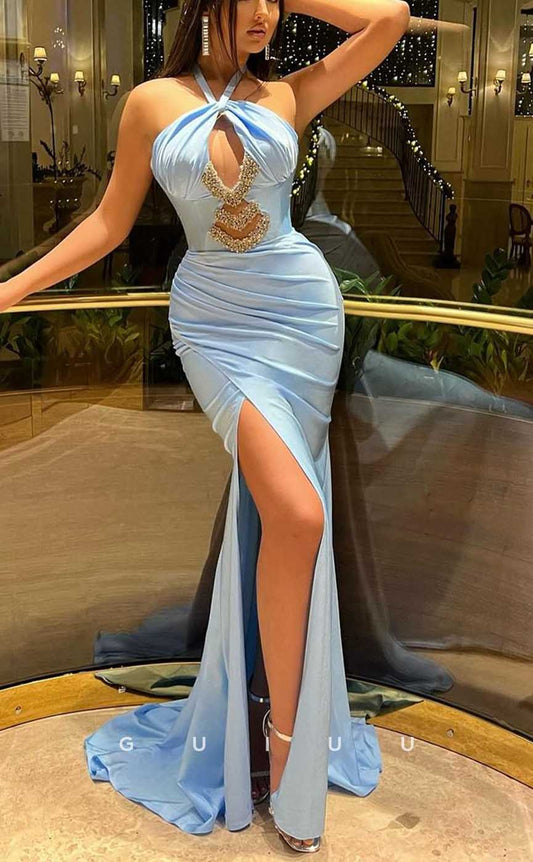 G4161 - Sexy & Hot Sheath Halter Cut-Outs Beaded and Draped Evening Party Prom Dress with High Side Slit