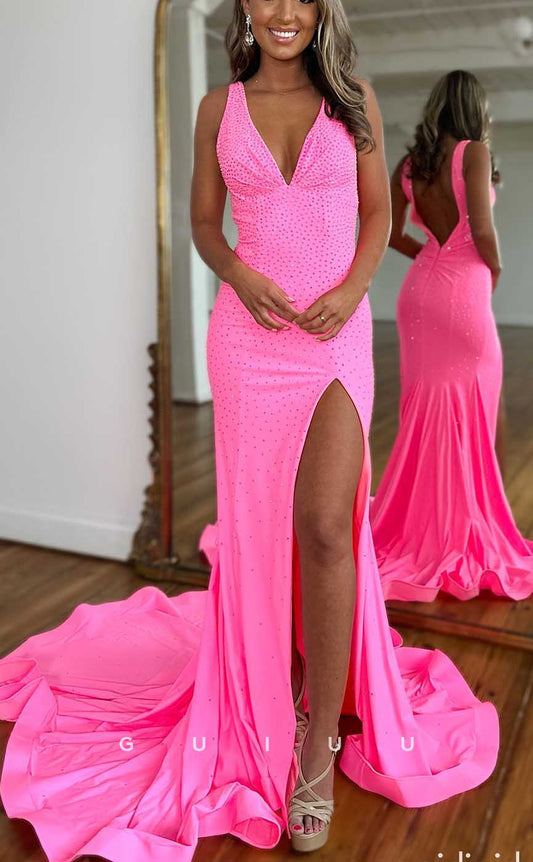 G4163 - Sexy & Hot Sheath V-Neck Fully Beaded Evening Gown Prom Dress with High Side Slit and Sweep Train