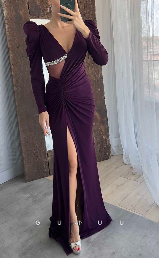 G4167 - Classic & Timeless Sheath V-Neck Illusion Beaded and Draped Formal Gown Prom Dress with Long Sleeves and High Side Slit
