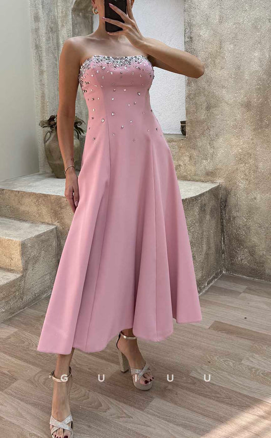 G4169 - Chic & Modern A-Line Strapless Beaded and Draped Ankle-Length Evening Gown Prom Dress