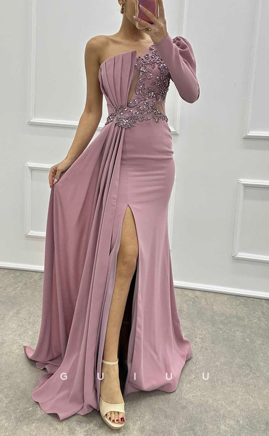 G4170 - Classic & Timeless Sheath One Shoulder Floral Beaded and Draped Formal Evening Prom Dress with Long Sleeves and High Side Slit