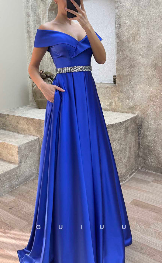 G4171 - Chic & Modern A-Line Off Shoulder Beaded and Draped Formal Gown Prom Dress