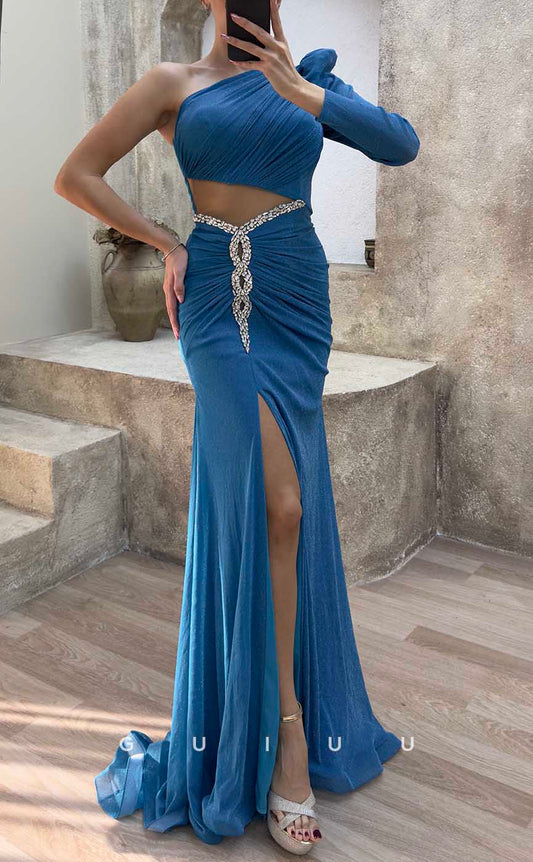 G4173 - Chic & Modern Sheath One Shoulder Cut-Outs Beaded and Draped Evening Gown Prom Dress with Long Sleeves and High Side Slit