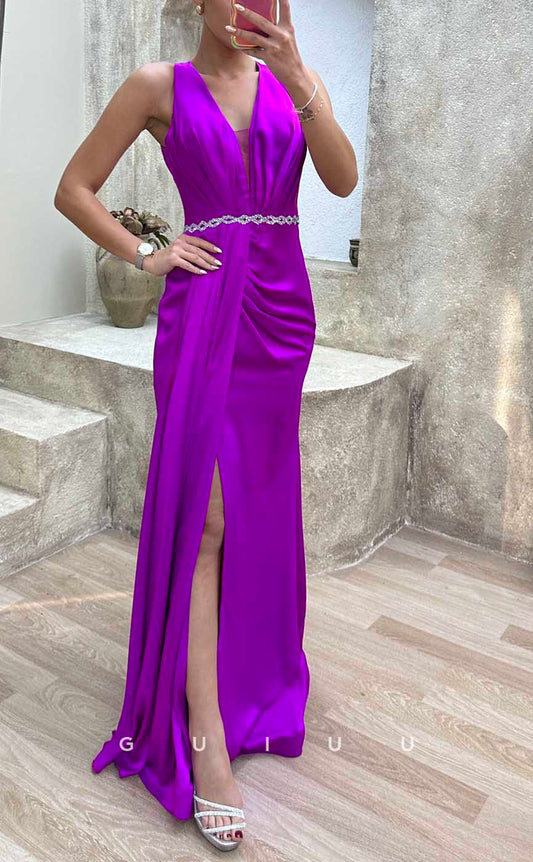 G4182 - Chic & Modern Sheath V-Neck Beaded and Draped Formal Evening Party Prom Dress with High Side Slit