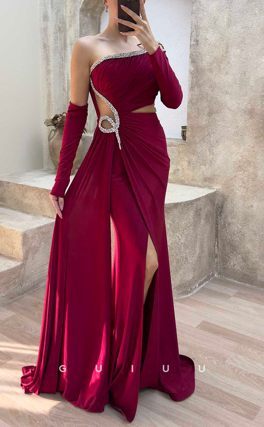 G4183 - Classic & Timeless Sheath One Shoulder Cut-Outs Beaded and Draped Formal Party Prom Dress with High Side Slit and Overlay