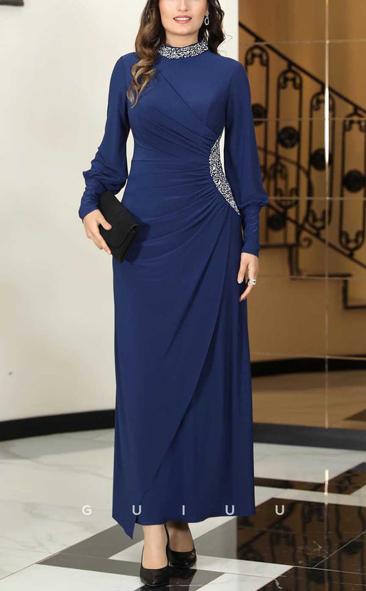 G4186 - Classic & Timeless Sheath Scoop Beaded and Draped Formal Party Prom Dress with Long Bishop Sleeves