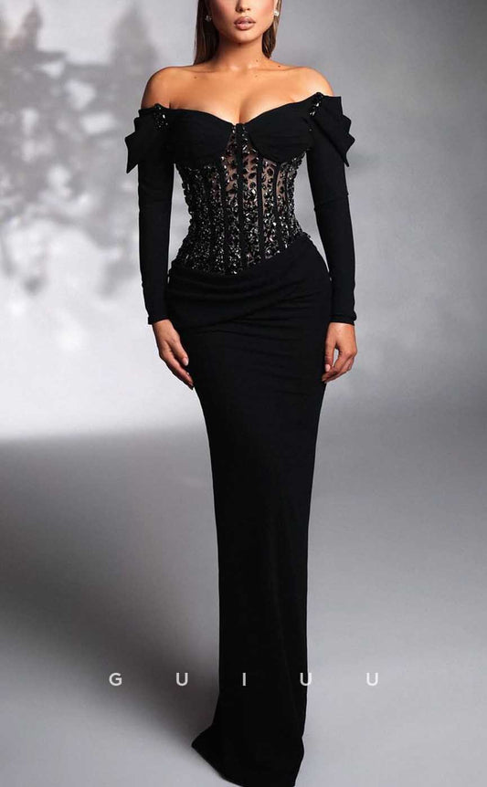 G4190 - Chic & Modern Sheath Off Shoulder Draped and Beaded Evening Gown Prom Dress with Long Sleeves