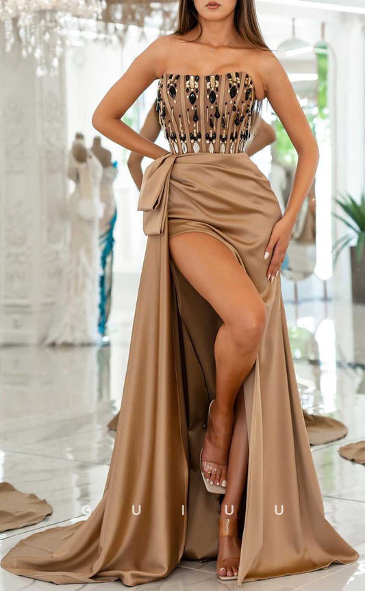 G4193 - Chic & Modern Sheath Strapless Beaded and Draped Evening Party Prom Dress with High Side Slit and Sweep Train