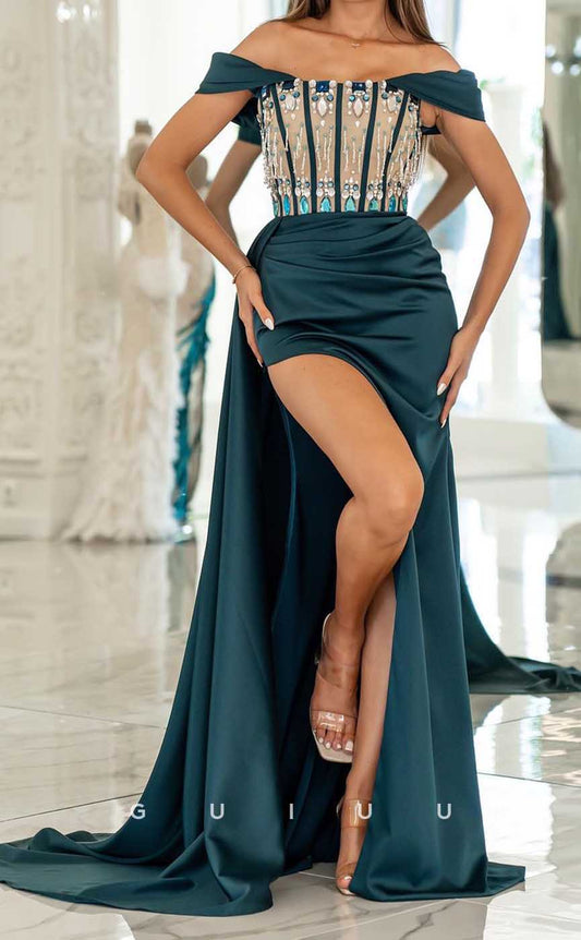 G4194 - Sexy & Hot Sheath Off Shoulder Draped and Beaded Evening Gown Prom Dress with High Side Slit and Sweep Train