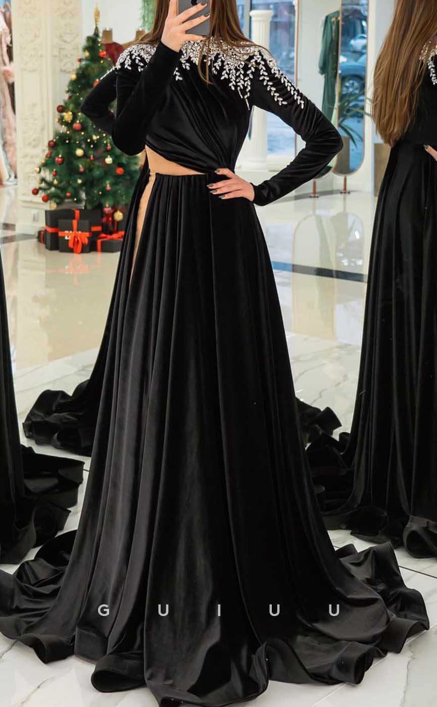 G4195 - Elegant & Luxurious A-Line High Neck Draped and Beaded Formal Party Prom Dress with High Side Slit and Cut-Outs