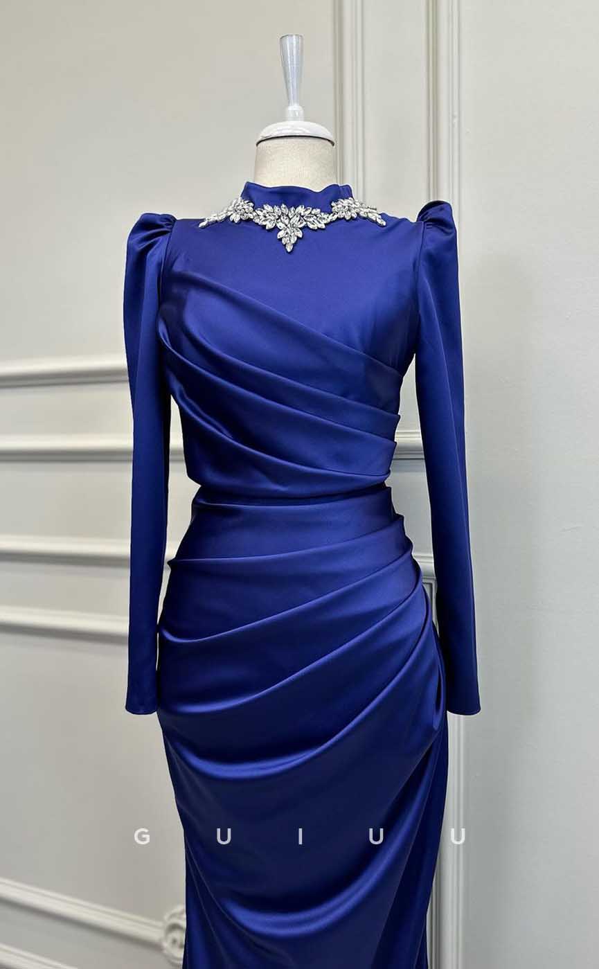 G4200 - Classic & Timeless Sheath High Neck Draped and Beaded Formal Party Prom Dress with Long Sleeves