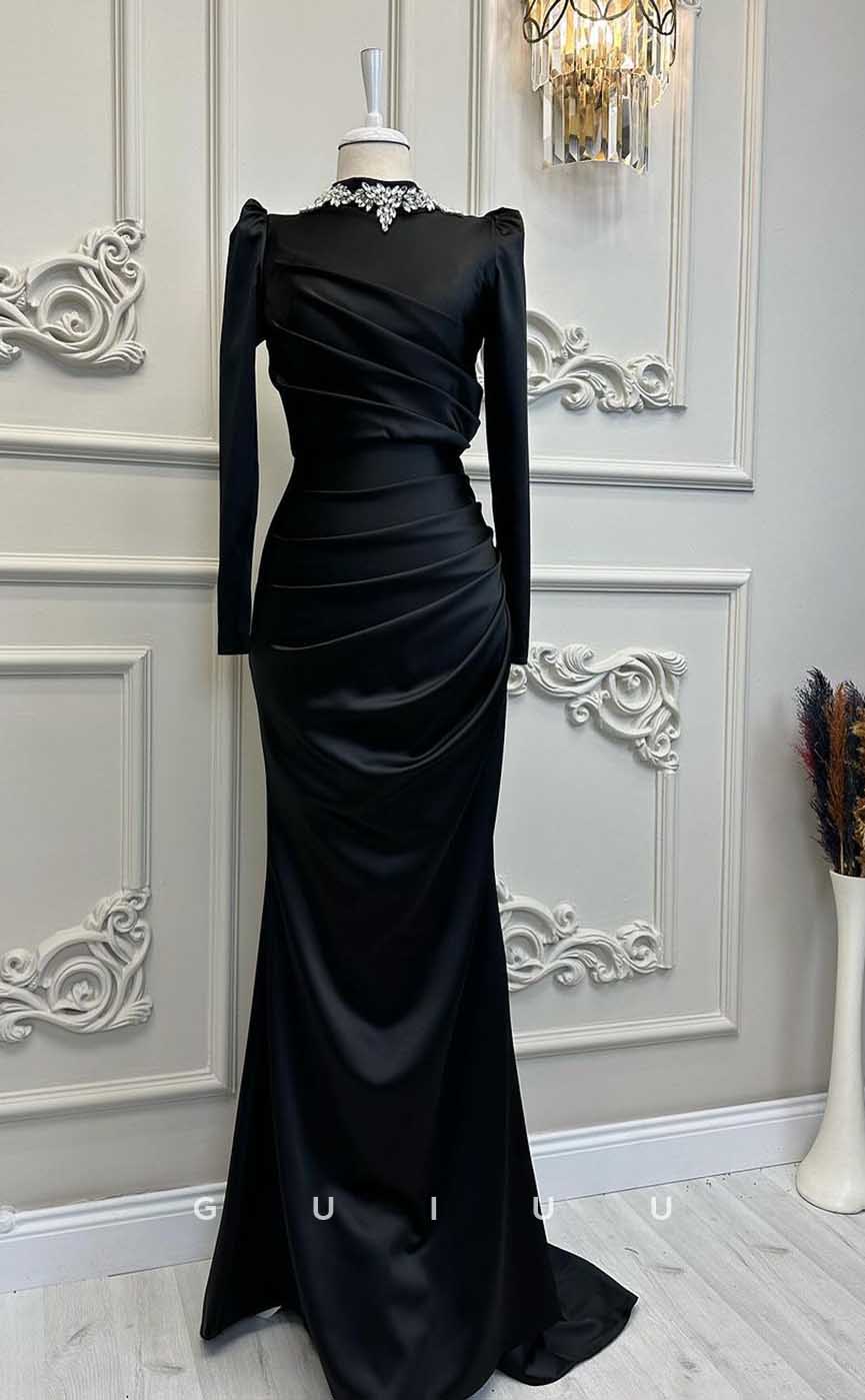 G4200 - Classic & Timeless Sheath High Neck Draped and Beaded Formal Party Prom Dress with Long Sleeves