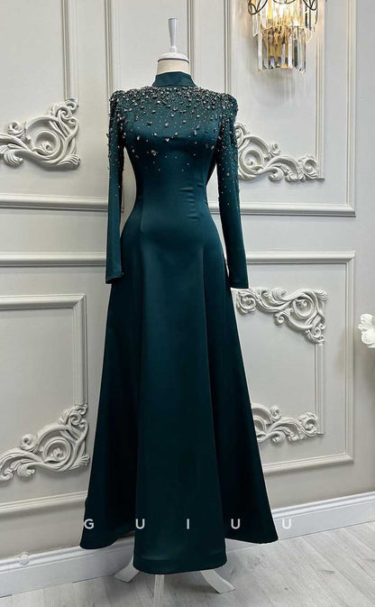 G4201 - Classic & Timeless A-Line High Neck Beaded and Draped Formal Party Prom Dress with Long Sleeves