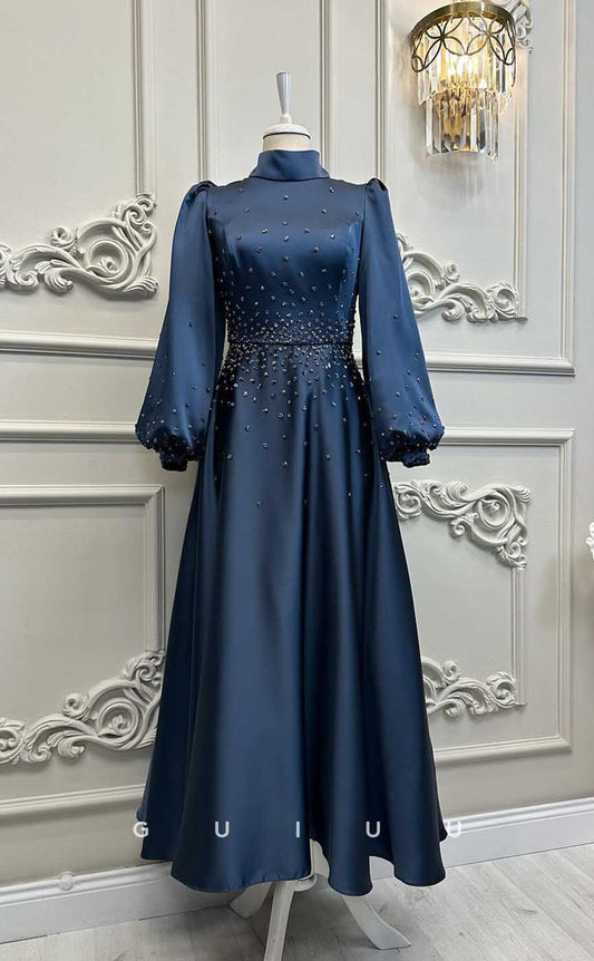 G4208 - Classic & Timeless A-Line High Neck Draped and Beaded Formal Party Prom Dress with Long Bishop Sleeves