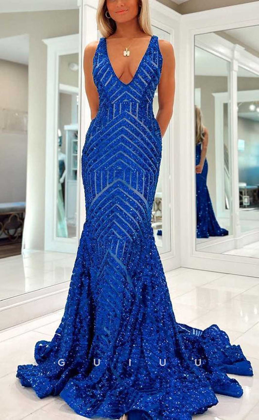 G4215 - Chic & Modern Trumpet V-Neck Fully Sequined Evening Party Prom Dress with Sweep Train