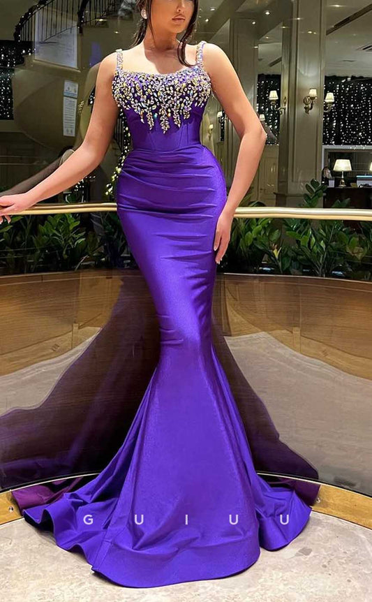 G4219 - Sexy & Hot Mermaid Square Beaded and Draped Evening Gown Prom Dress with Sweep Train