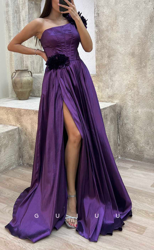 G4227 - Classic & Timeless A-Line One Shoulder Pleated and Floral Embossed Formal Gown Prom Dress with High Side Slit