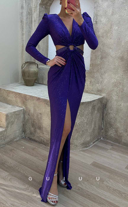 G4228 - Classic & Timeless Sheath V-Neck Cut-Outs Fully Beaded Formal Party Prom Dress with High Side Slit and Long Sleeves