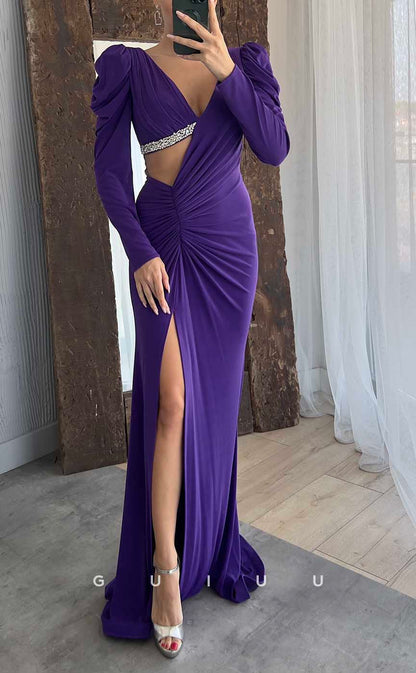 G4229 - Chic & Modern Sheath V-Neck Beaded and Draped Formal Party Prom Dress with High Side Slit and Long Sleeves