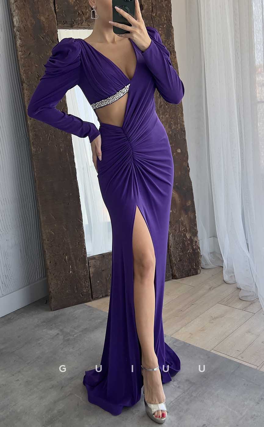 G4229 - Chic & Modern Sheath V-Neck Beaded and Draped Formal Party Prom Dress with High Side Slit and Long Sleeves