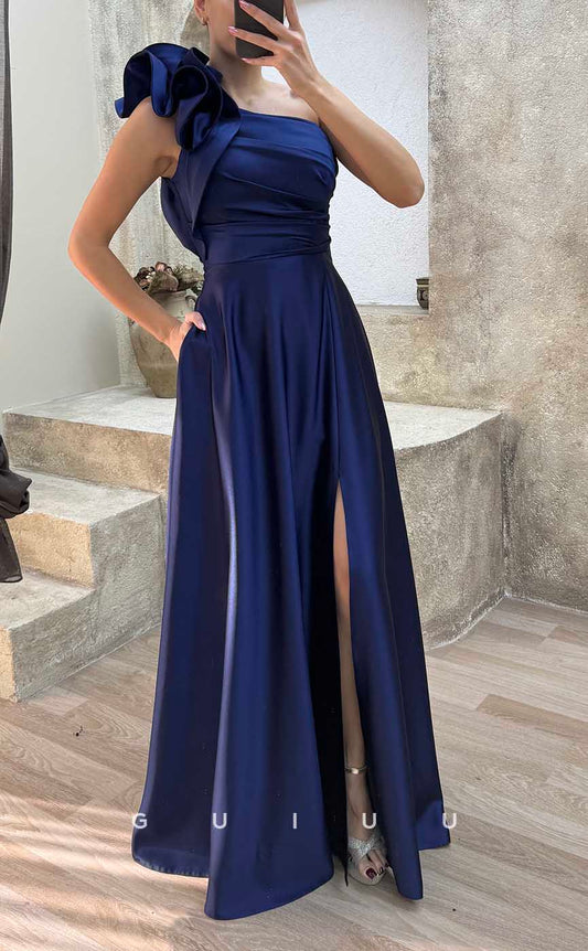 G4231 - Chic & Modern A-Line One Shoulder Draped Formal Evening Gown Prom Dress with High Side Slit and Ruffles