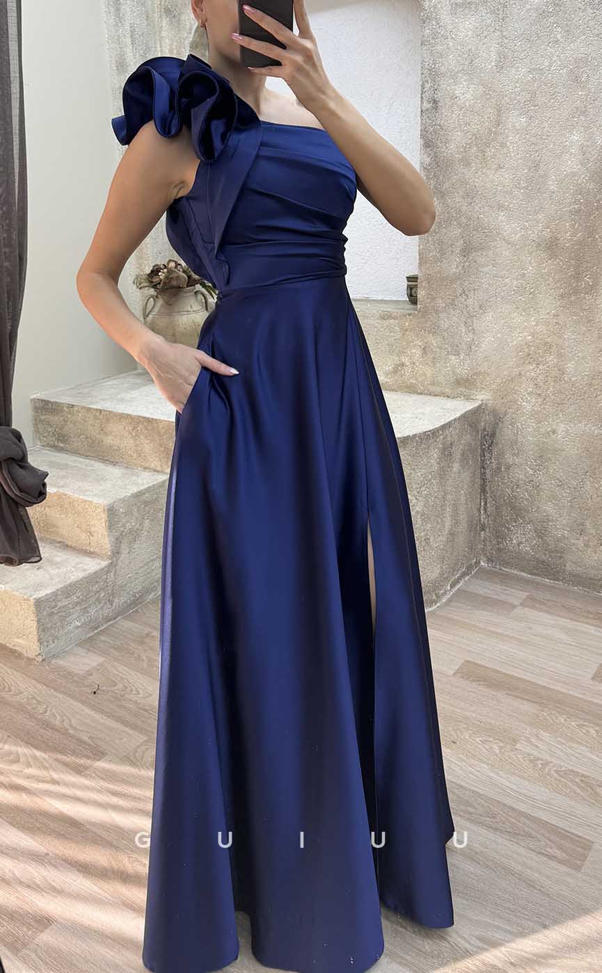 G4231 - Chic & Modern A-Line One Shoulder Draped Formal Evening Gown Prom Dress with High Side Slit and Ruffles