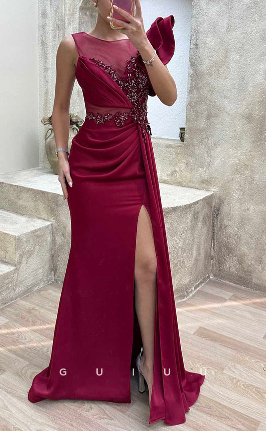 G4232 - Chic & Modern Sheath Scoop Beaded and Ruched Evening Gown Prom Dress with High Side Slit
