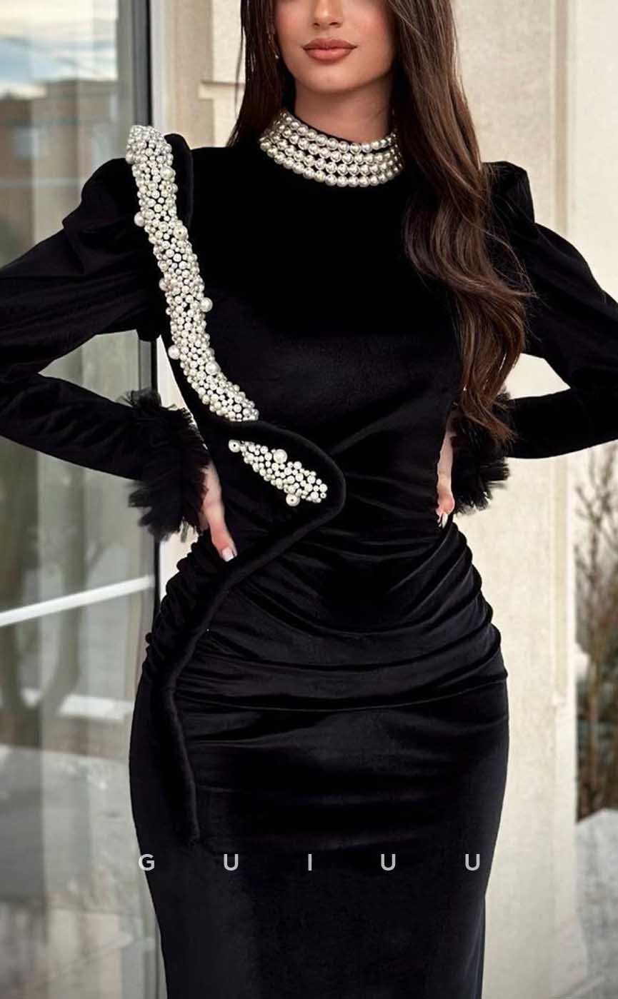 G4247 - Sexy & Hot Sheath High Neck Beaded and Ruched Ankle-Length Evening Gown Prom Dress with Long Sleeves and Feather