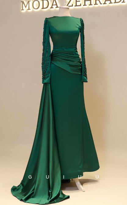 G4251 - Classic & Timeless Sheath Scoop Beaded and Draped Formal Evenng Gown Prom Dress with Long Sleeves and Overlay