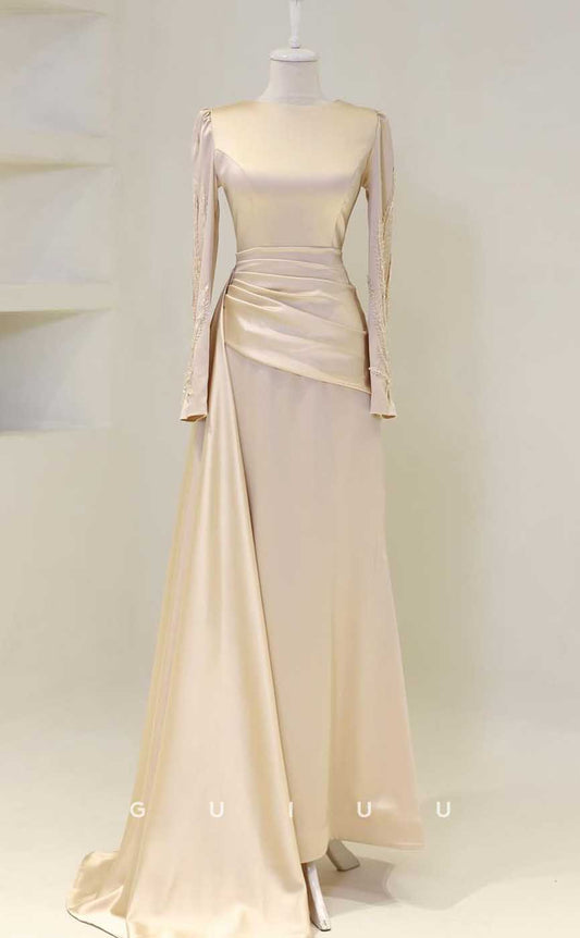 G4251 - Classic & Timeless Sheath Scoop Beaded and Draped Formal Evenng Gown Prom Dress with Long Sleeves and Overlay