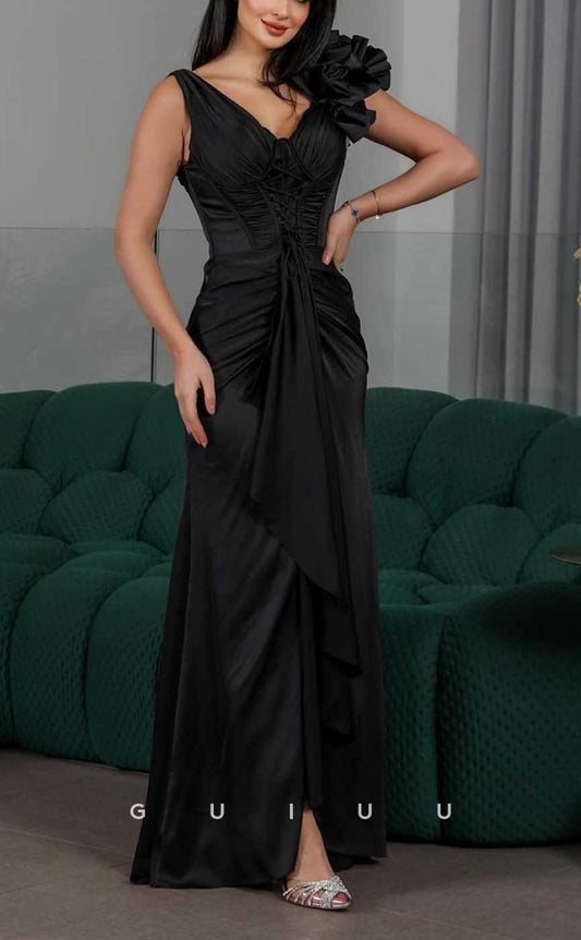 G4264 - Chic & Modern Sheath V-Neck Draped and Floral Embossed Formal Gown Prom Dress with Ruffles