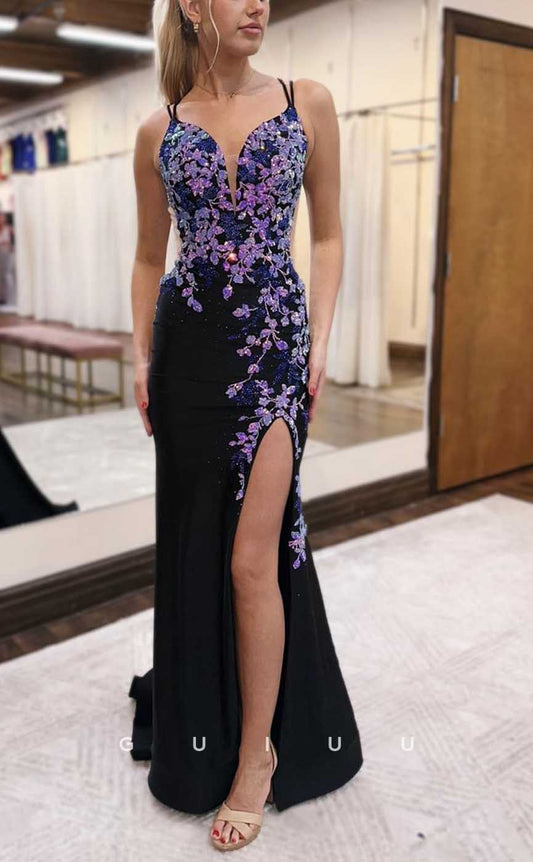 G4271 - Chic & Modern Sheath V-Neck Floral Applqiued and Sequined Party Gown Prom Dress with High Side Slit