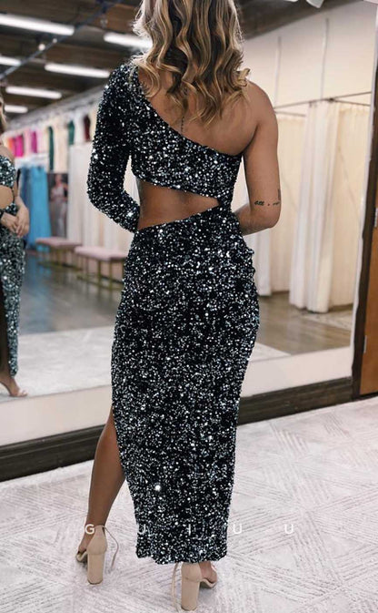 G4273 - Chic & Modern Sheath One Shoulder Fully Sequined Ankle-Length Evening Party Prom Dress with High Side Slit and Cut-Outs