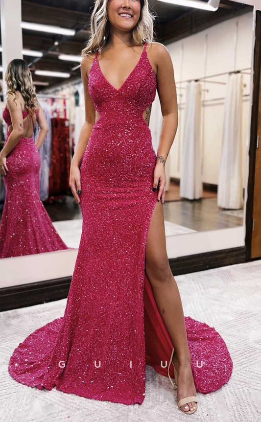 G4280 - Sexy & Hot Sheath V-Neck Fully Sequined Evening Party Prom Dress with Cut-Outs and High Side Slit