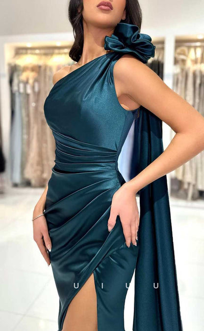 G4282 - Classic & Timeless Sheath One Shoulder Ruched Formal Party Prom Dress with High Side Slit and Overlay
