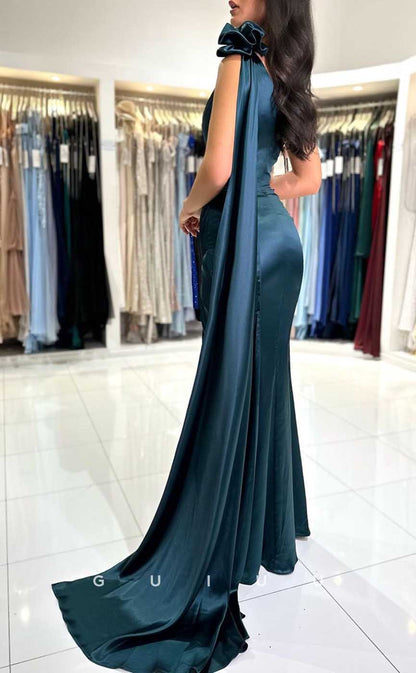 G4282 - Classic & Timeless Sheath One Shoulder Ruched Formal Party Prom Dress with High Side Slit and Overlay