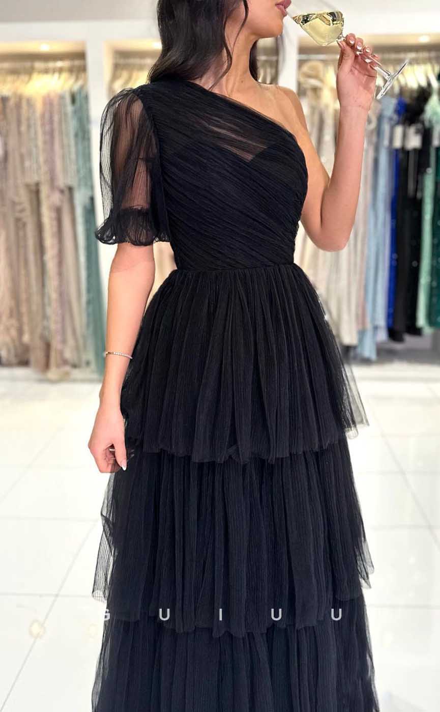 G4283 - Chic & Modern Ballgown One Shoulder Pleated Evening Party Prom Dress with Sleeves