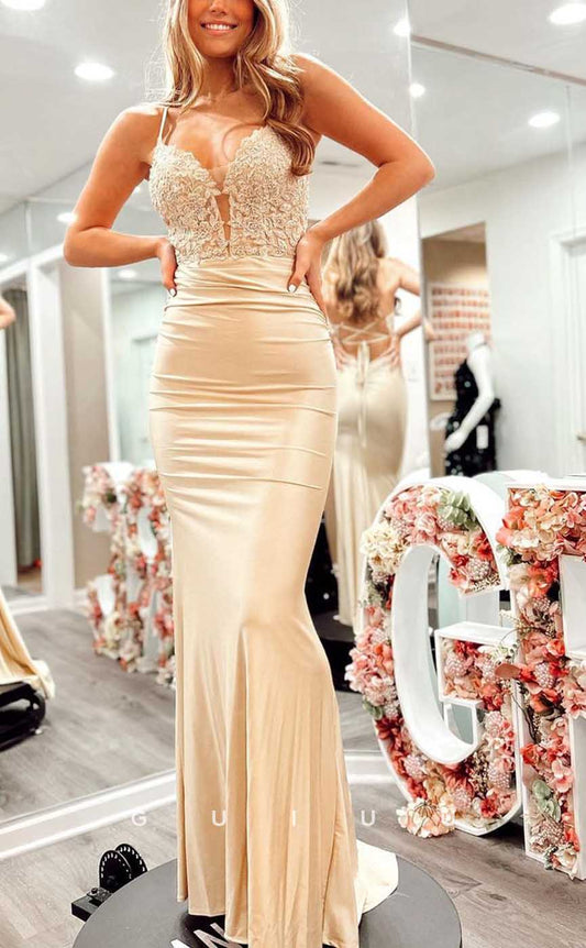 G4289 - Chic & Modern Sheath V-Neck Floral Appliqued and Draped Evening Party Gown Prom Dress