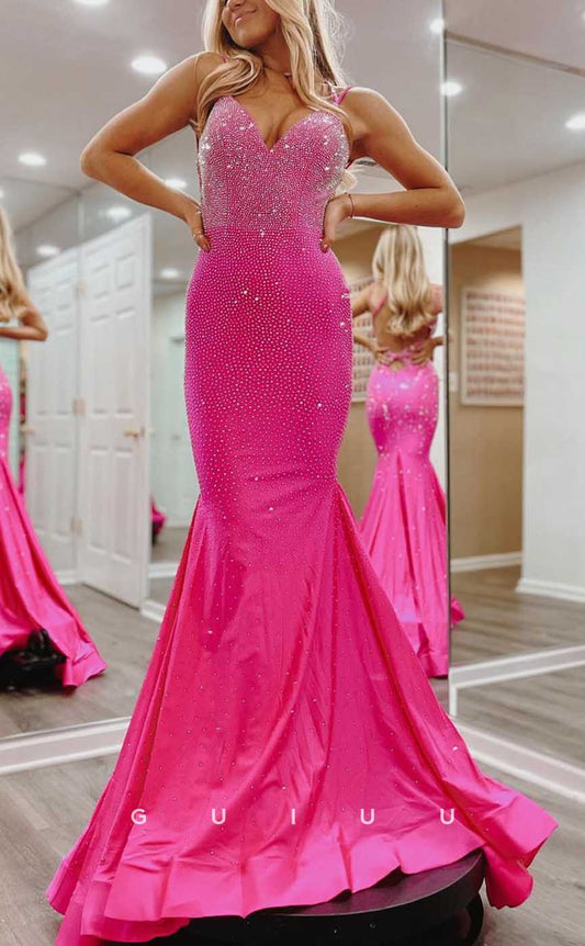 G4290 - Sexy & Hot Mermaid V-Neck Fully Beaded and Ruched Evening Party Prom Dress with Sweep Train