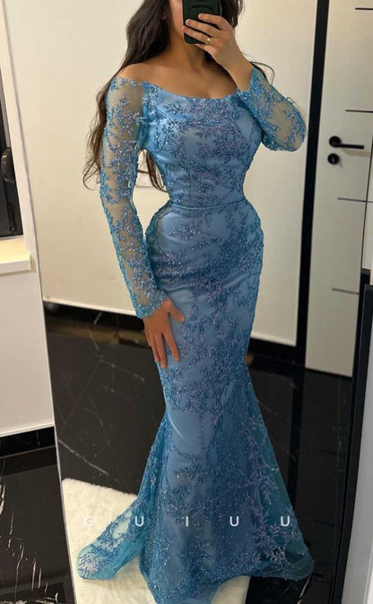G4293 - Chic & Modern Mermaid Off Shoulder Fully Floral Beaded Evening Party Prom Dress with Long Sleeves