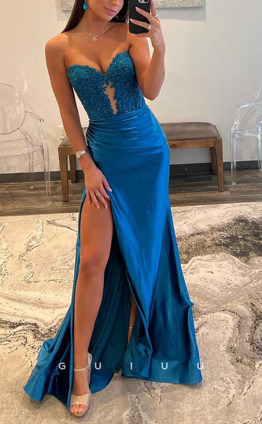 G4296 - Chic & Modern Sheath V-Neck Draped and Floral Appliqued Evening Gown Prom Dress with High Side Slit and Sweep Train