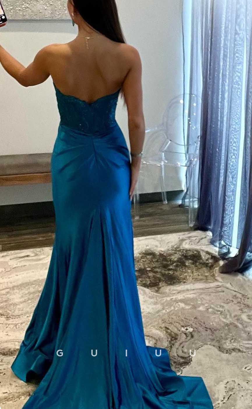 G4296 - Chic & Modern Sheath V-Neck Draped and Floral Appliqued Evening Gown Prom Dress with High Side Slit and Sweep Train