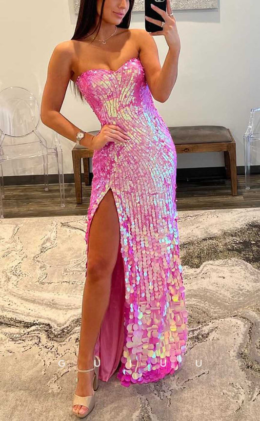 G4297 - Sexy & Hot Sheath Fully Sequined Evening Party Prom Dress with High Side Slit