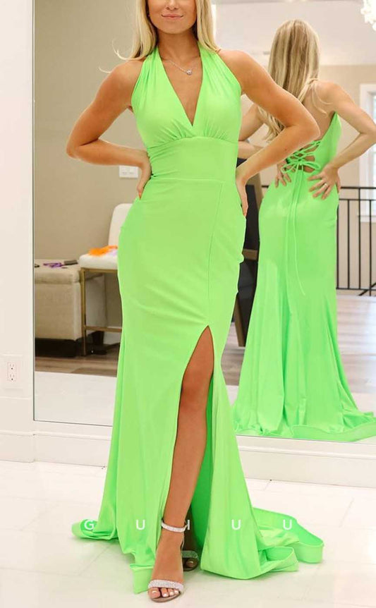 G4299 - Chic & Modern Sheath V-Neck Halter Ruched Evening Party Prom Dress with Side Slit and Lace-up