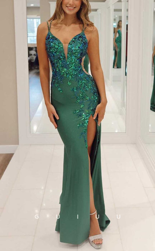 G4301 - Sexy & Hot Sheath V-Neck Floral Sequined and Beaded Evening Party Prom Dress with High Side Slit