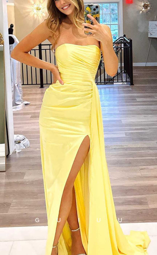 G4313 - Sexy & Hot Sheath Strapless Ruched Evening Party Prom Dress with High Side Slit and Overlay